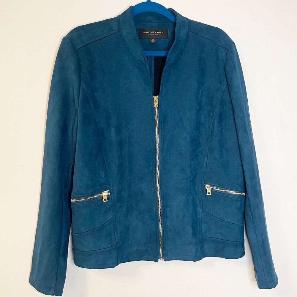 Marc New York Andrew Mark Teal Faux Suede Light Zip Jacket Pockets Size XL